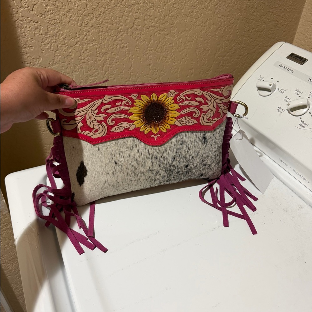 Pink Sunflower Fringe Crossbody Bag